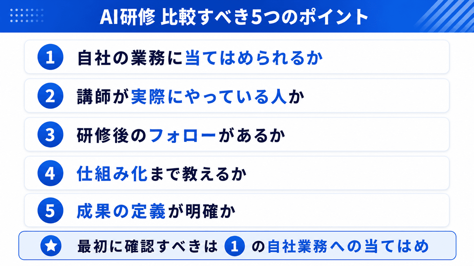 AI研修で比較すべき5つのポイントの図解