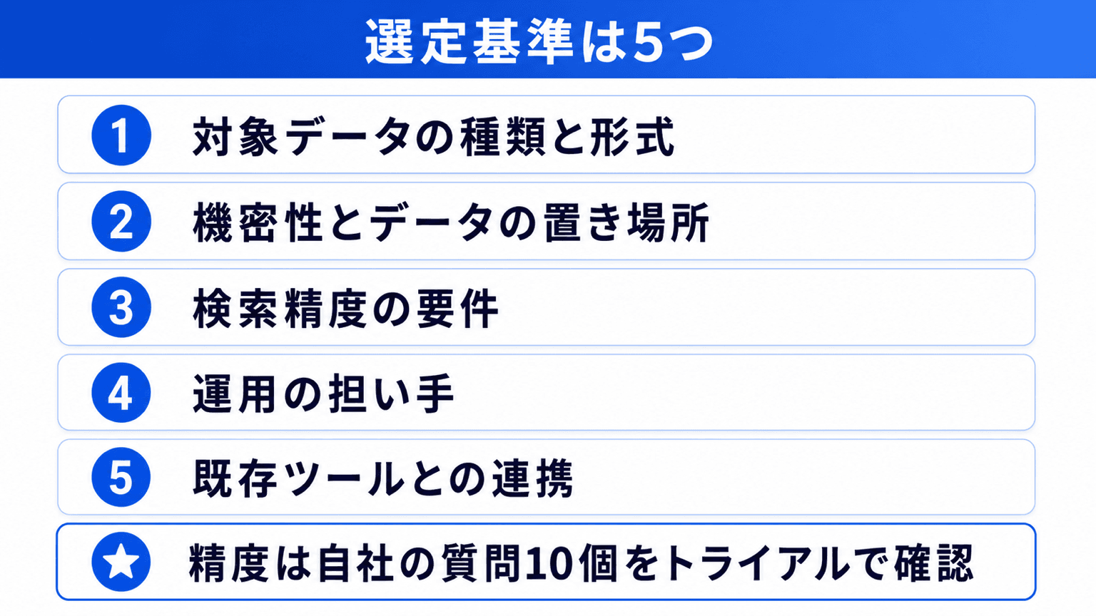 社内ナレッジ検索ツールの選定基準5つのチェックリスト図